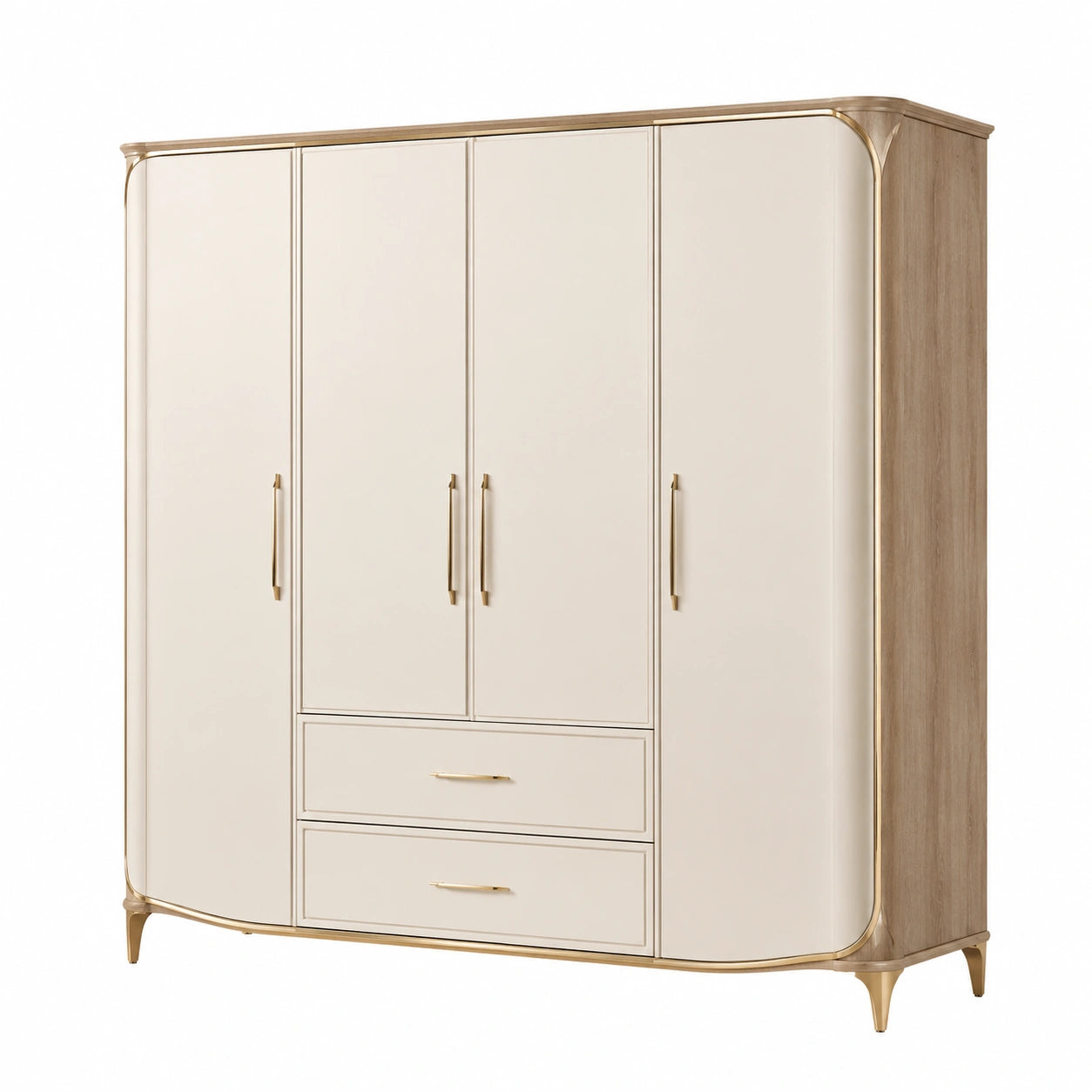 Armario de MDF y Madera con 4 Puertas y 2 Cajones Beige y Dorado