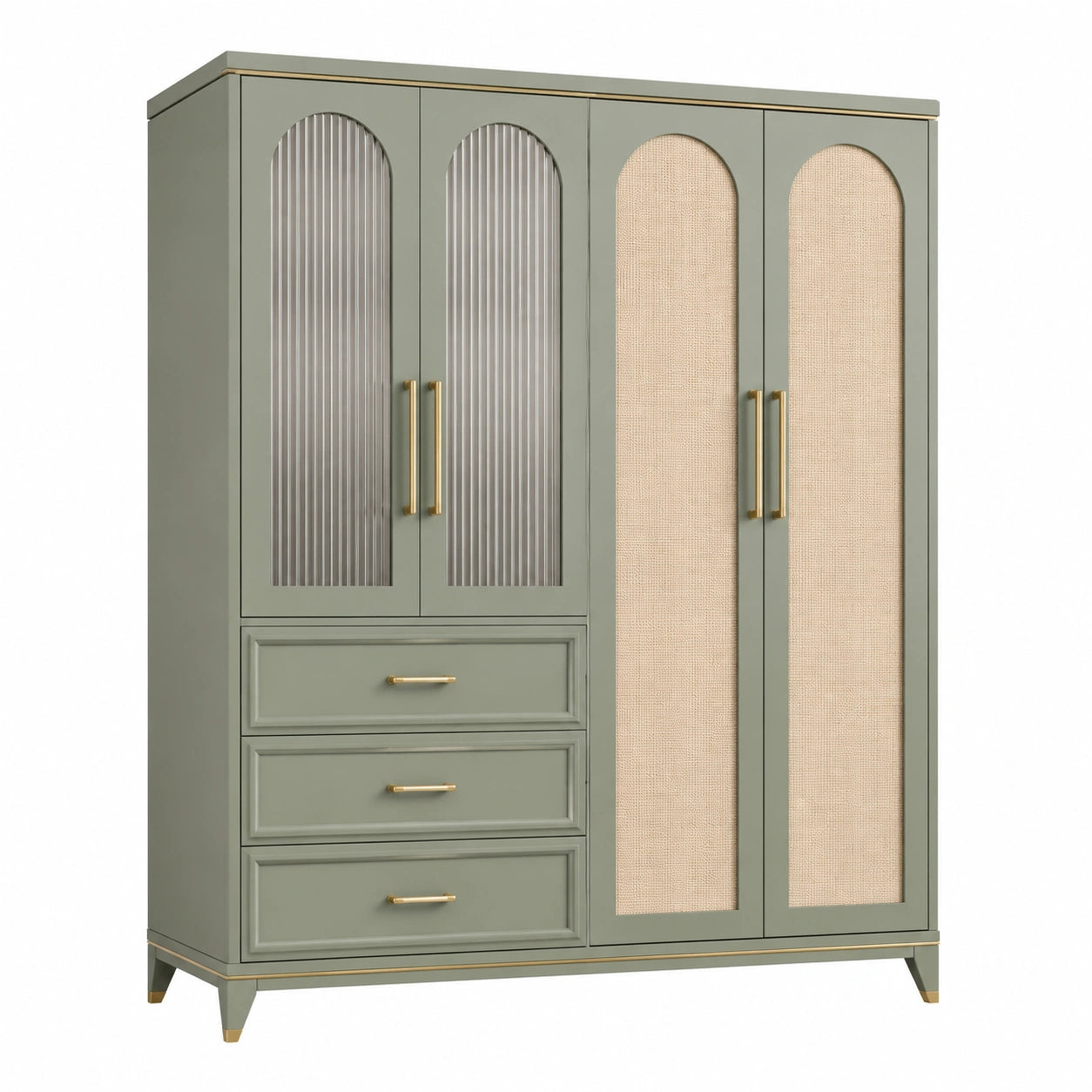 Armario de MDF con vidrio estriado y mimbre 180x200x60 cm verde y beige