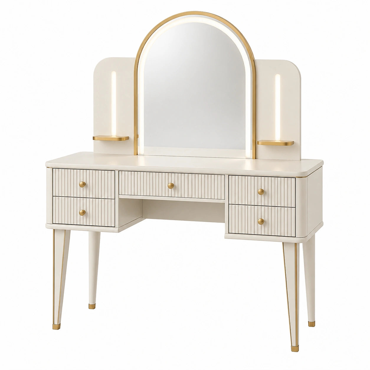 Tocador de madera y metal con espejo arqueado, blanco y dorado