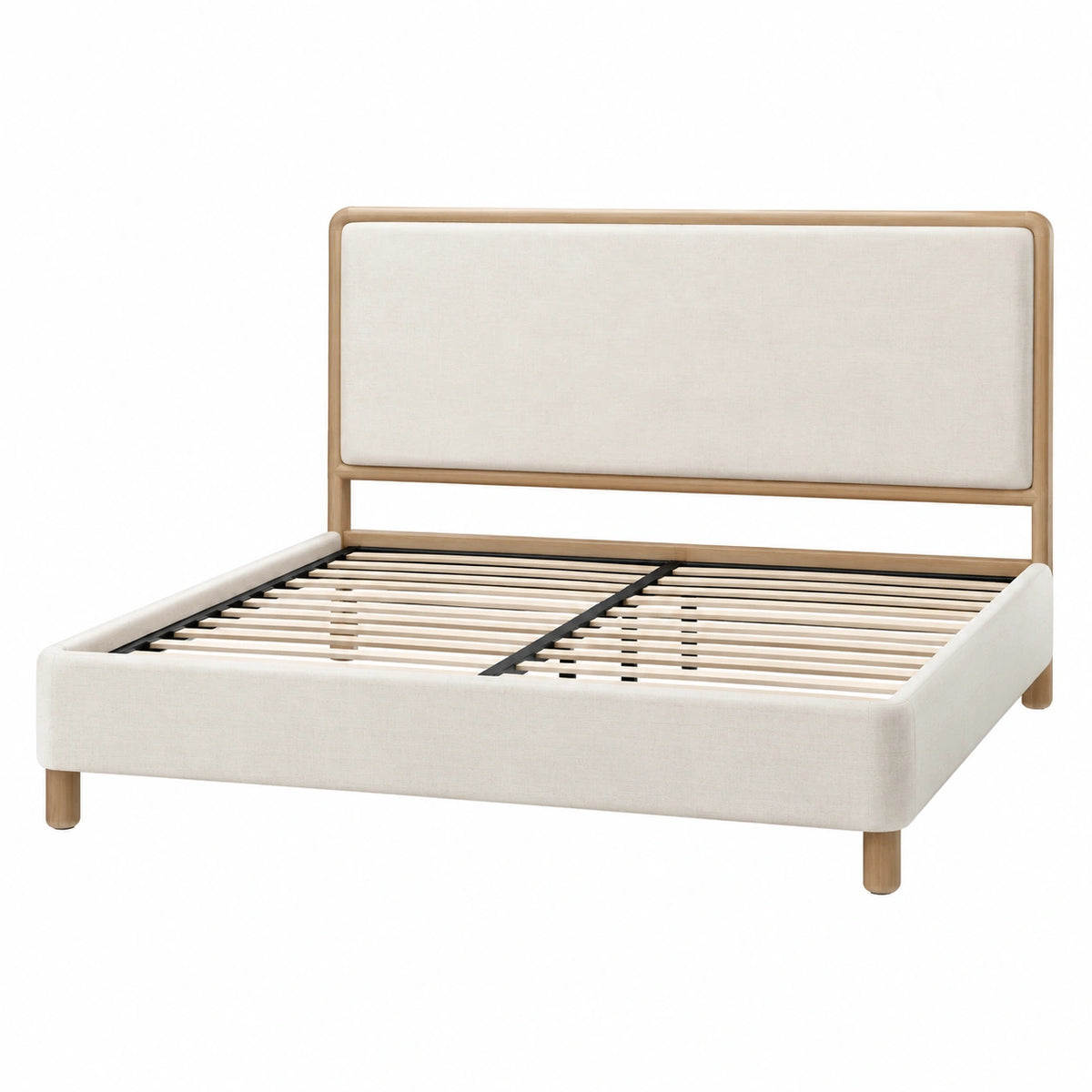 Cama doble de madera con cabecero tapizado en beige 200x160 cm