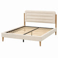 Cama doble con cabecero tapizado de lino y patas de madera 200x140 cm