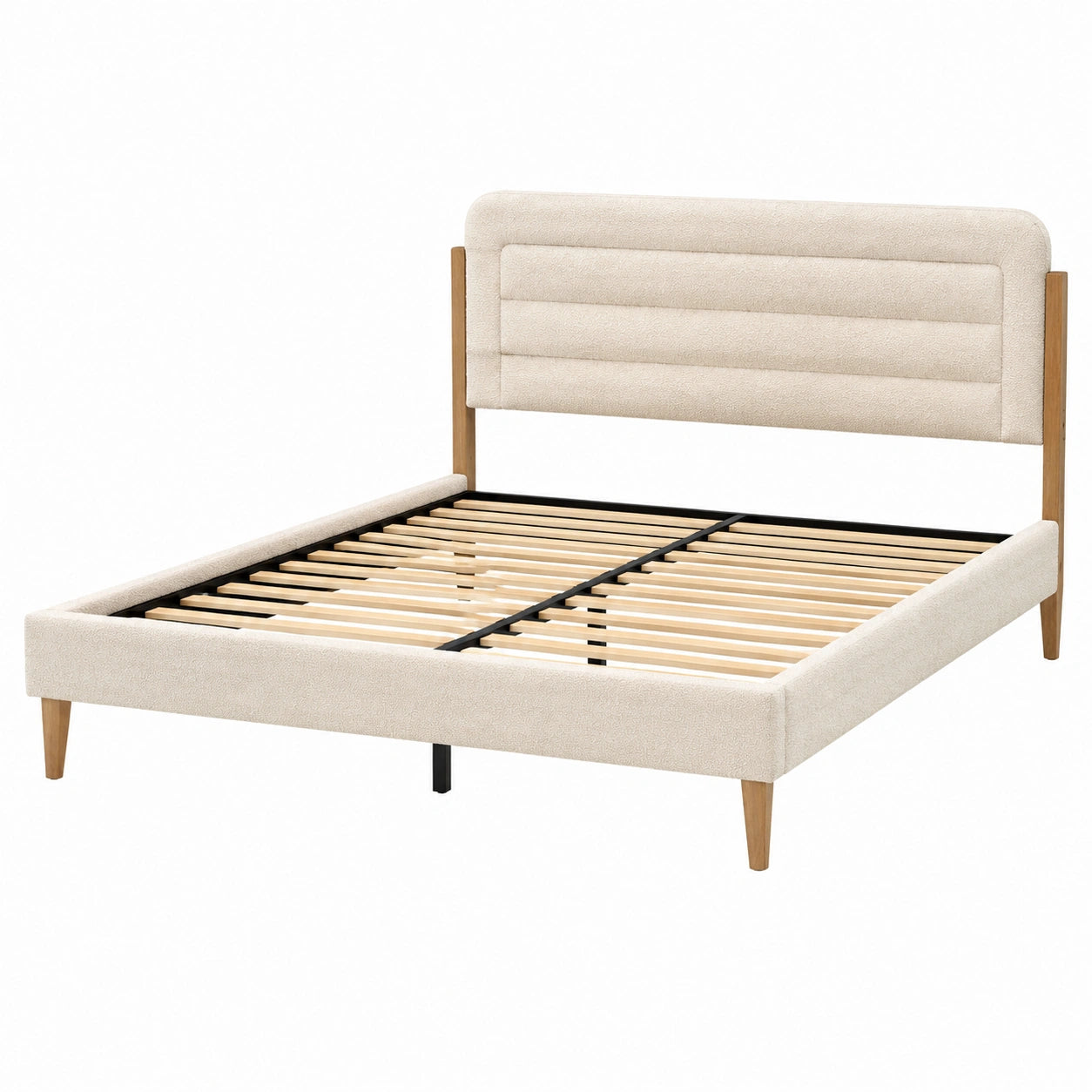 Cama doble con cabecero tapizado de lino y patas de madera 200x140 cm