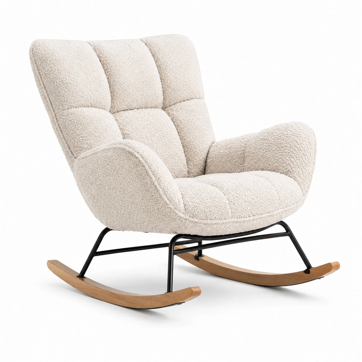 Mecedora de tela bouclé blanca con estructura de metal y base de madera, 75x100x85 cm