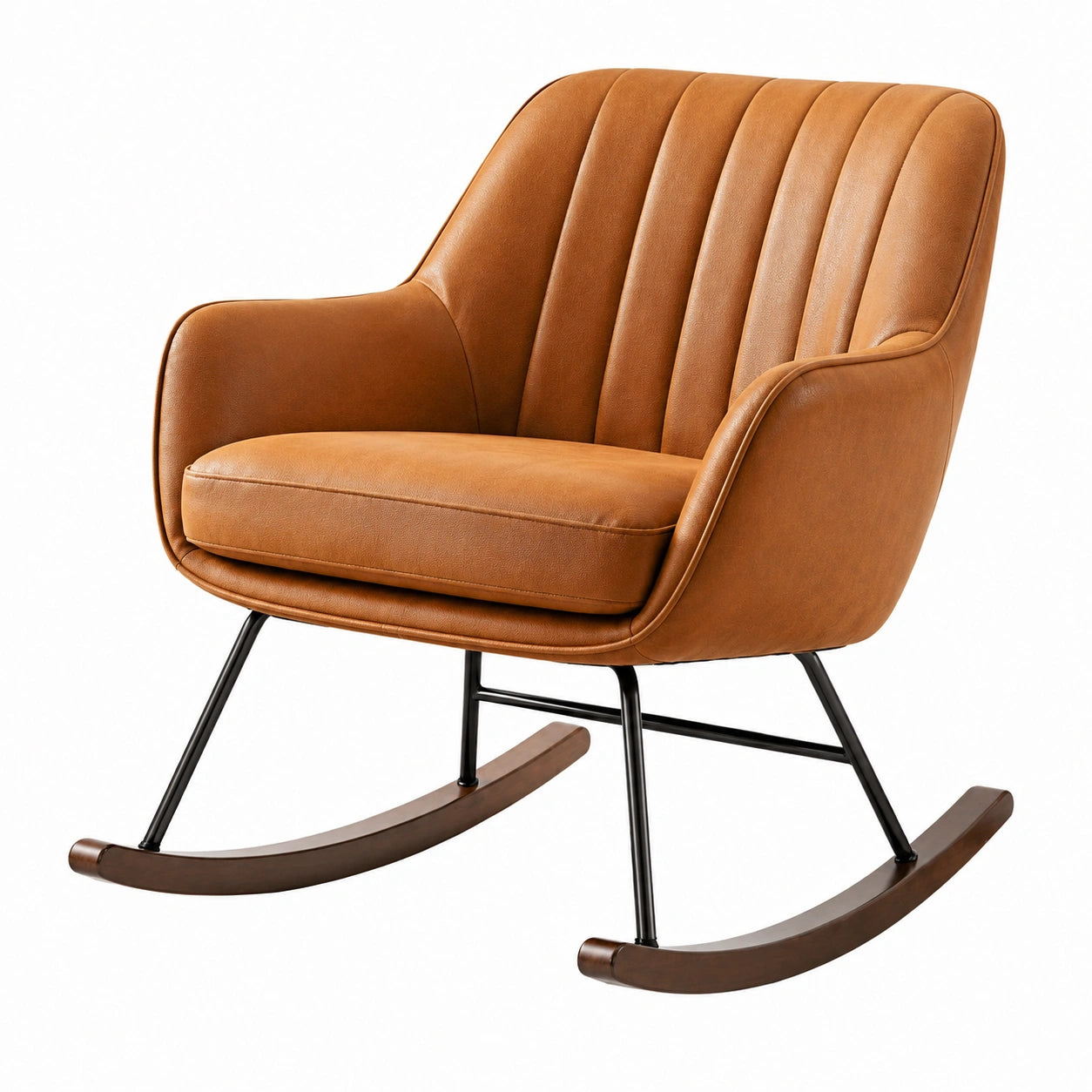 Silla mecedora de cuero sintético marrón con patas de metal y madera