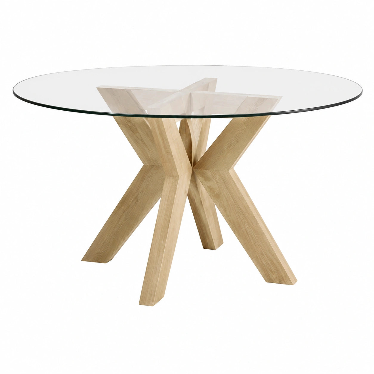 Mesa redonda de vidrio templado y madera de roble