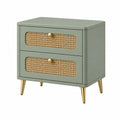 Mesita de noche de madera y ratán con patas metálicas doradas 60x40x50 cm verde