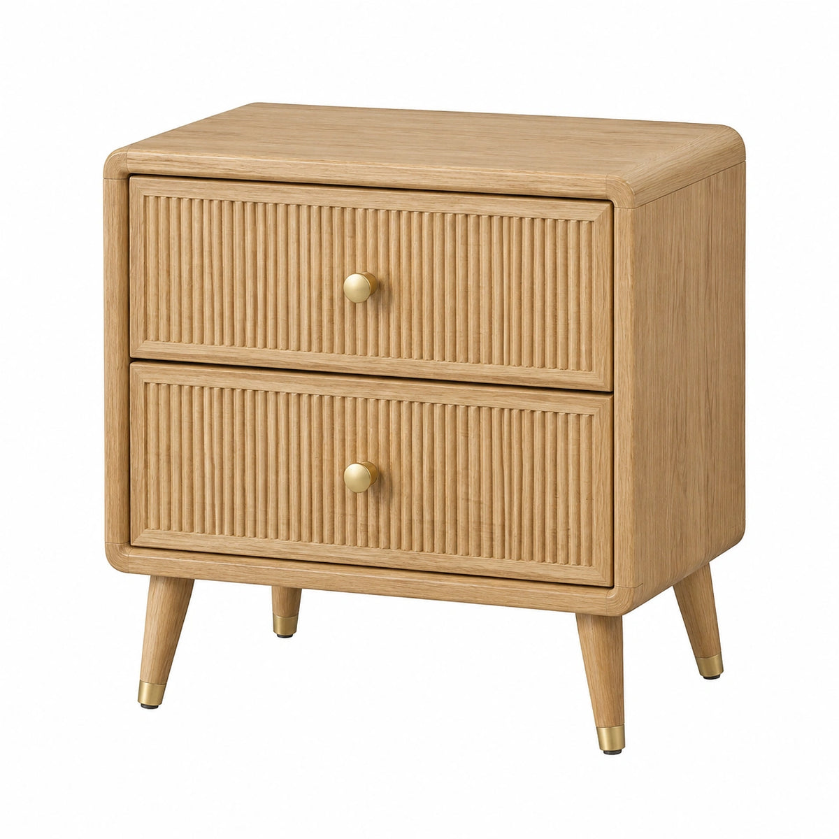 Mesita de Noche de Madera de Roble con Dos Cajones y Tiradores Dorados, 60cm x 40cm x 55cm