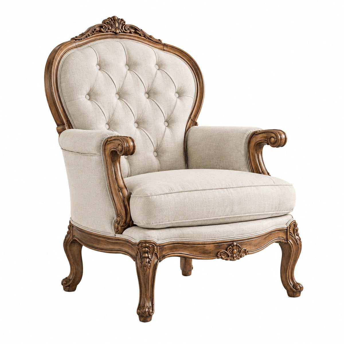Sillón de madera con tapizado en lino beige